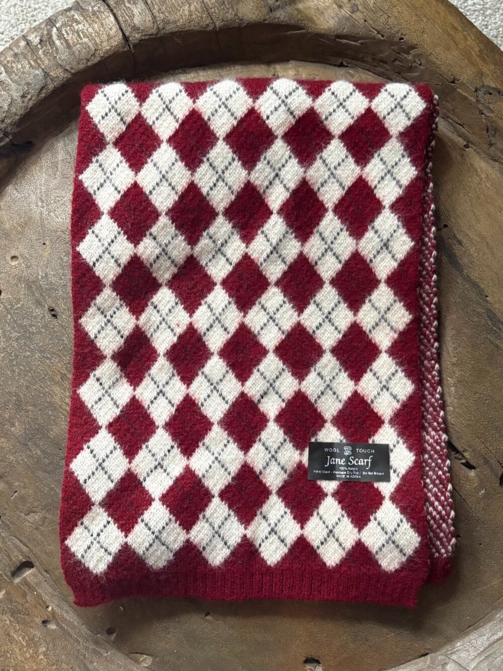 Wool Touch Jane acrylic 1980s argyle scarf made in Korea 64 x 12 inches